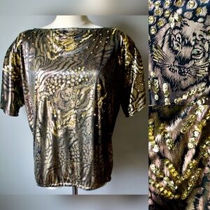 Joy Vintage 80’s Metallic Gold Beaded Tiger Print Shirt